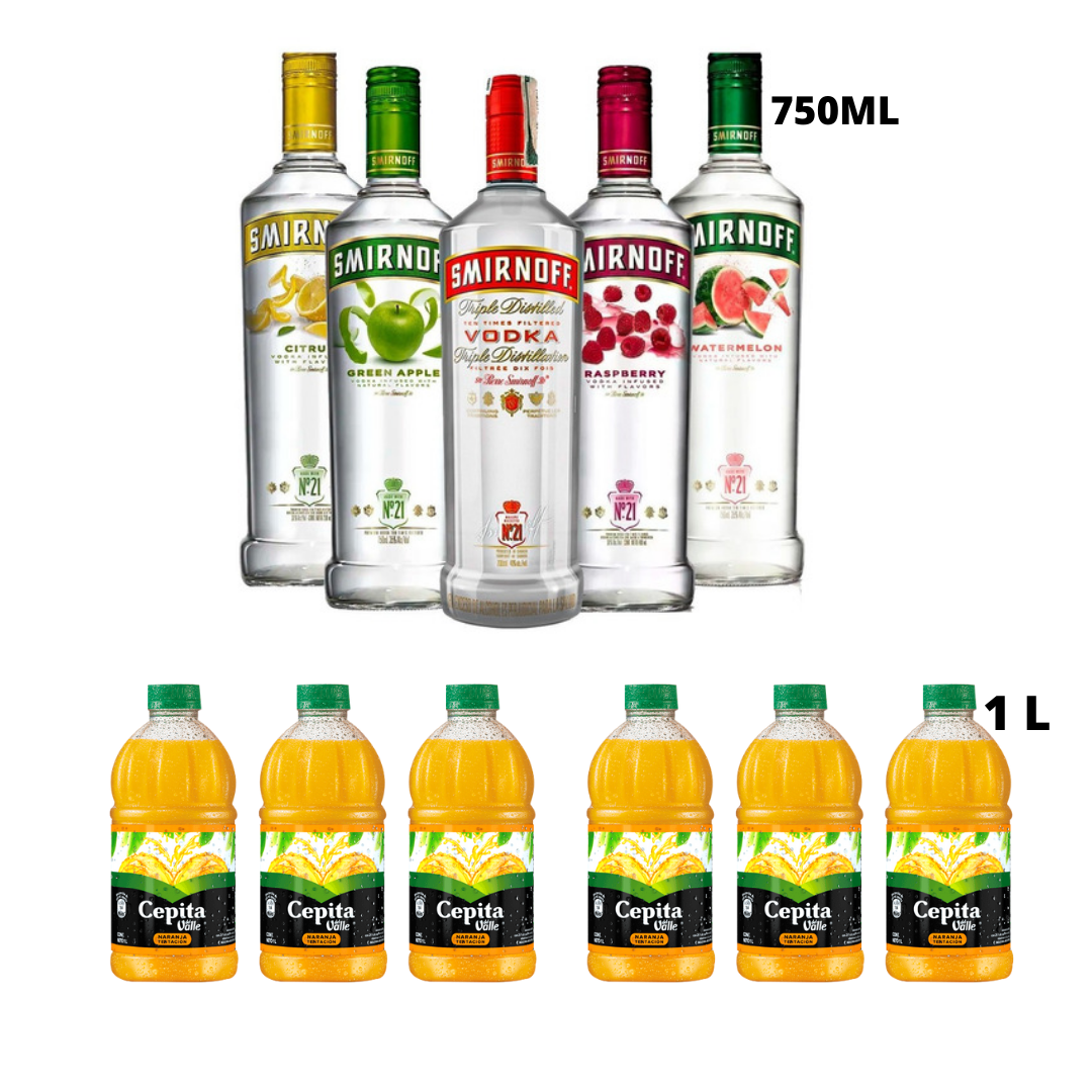 COMBO 4 Smirnoff saborizado+ 1 smirnoff comun + Pack Cepita litro x6u